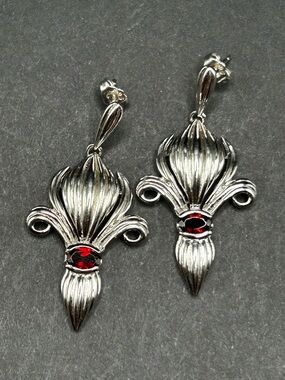 Signed Sterling Silver Fleur-de-Lis Drop Post Back Earrings Garnet Stone
